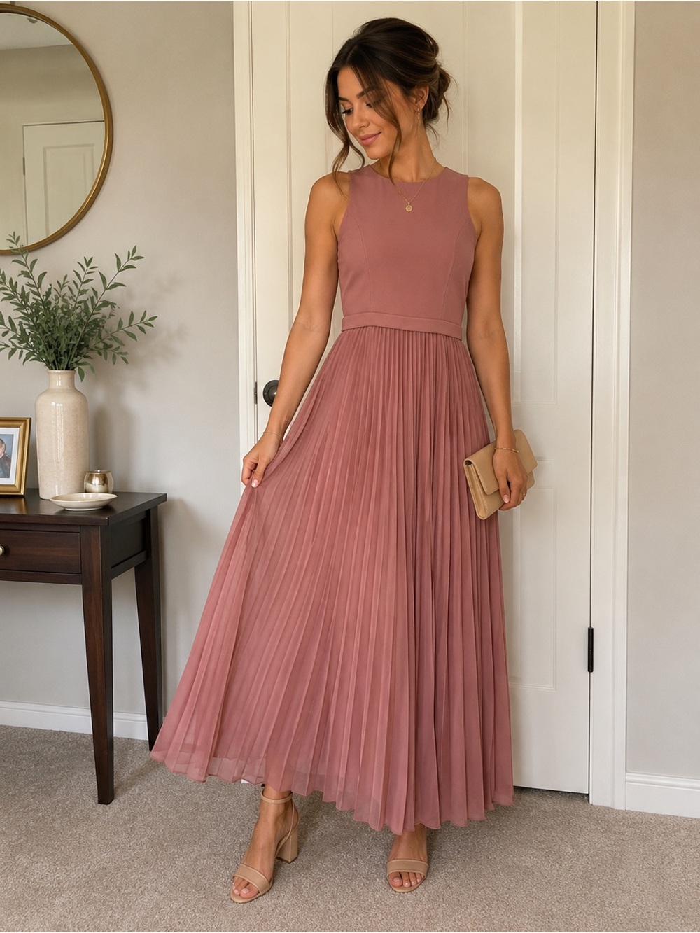 Sleeveless Pleated max Dress in Dusty Rose Size M
